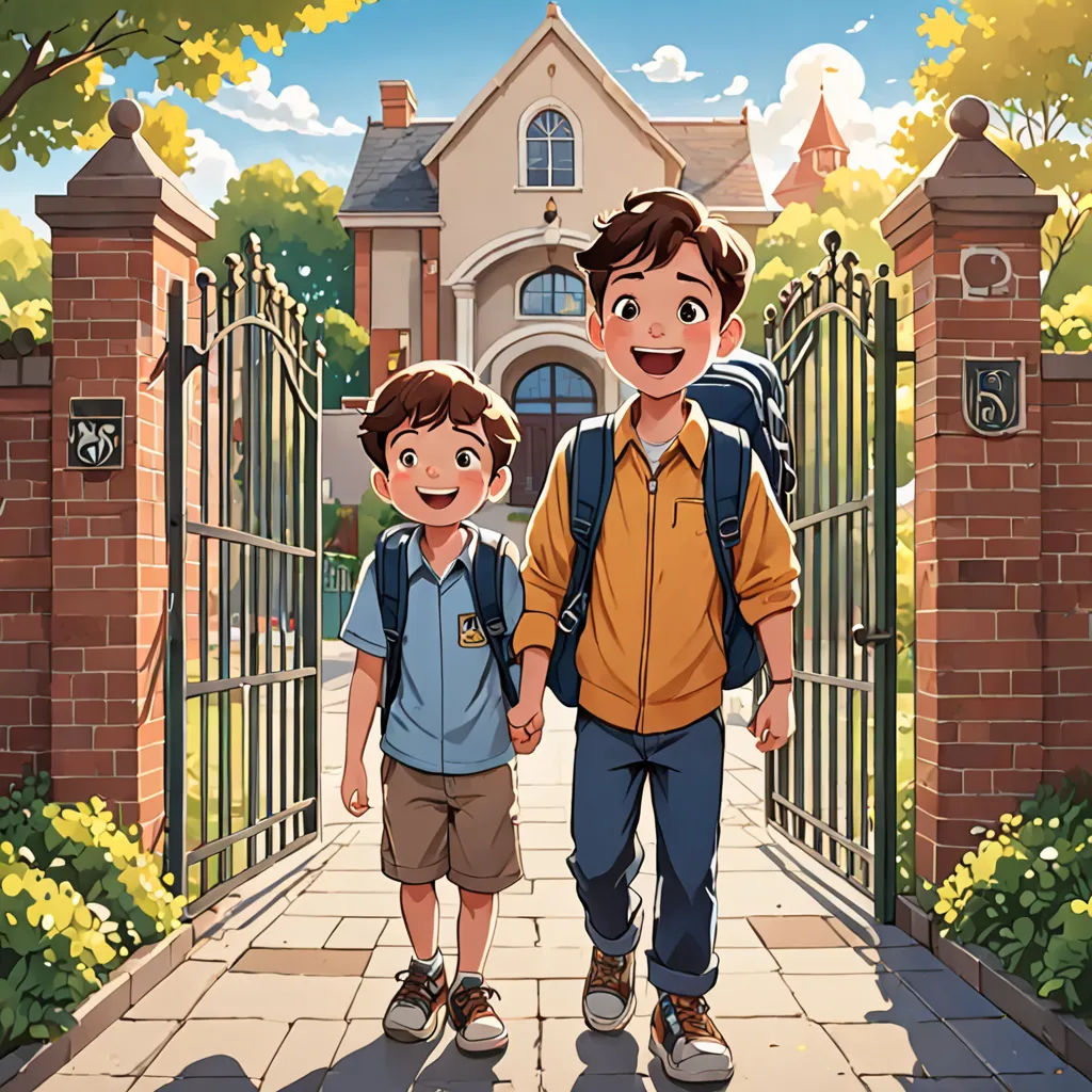a man and a boy walking down a sidewalk with a gate in the background and a house in the background, danube school, a storybook illustration, Brothers Hildebrandt, official art