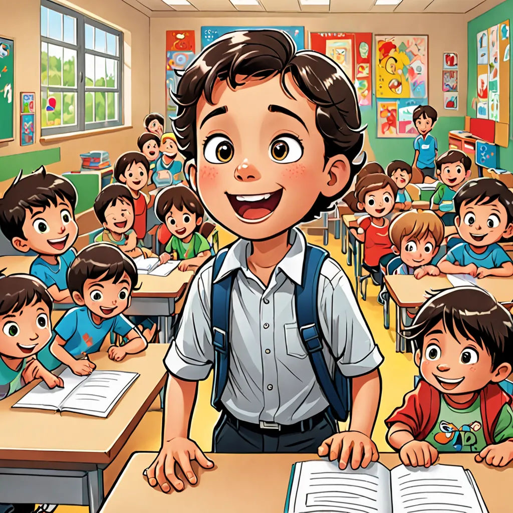 a boy standing in front of a classroom full of children with a book in his hand and a book open, danube school, a storybook illustration, Diego Gisbert Llorens, storybook illustration