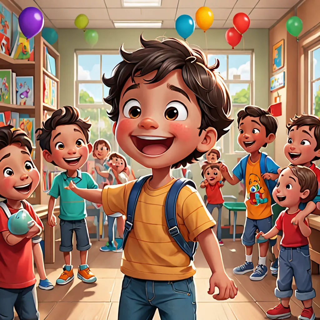 a boy is smiling in a classroom with many children in the background and balloons in the air above him, paris school, a storybook illustration, Diego Gisbert Llorens, official art