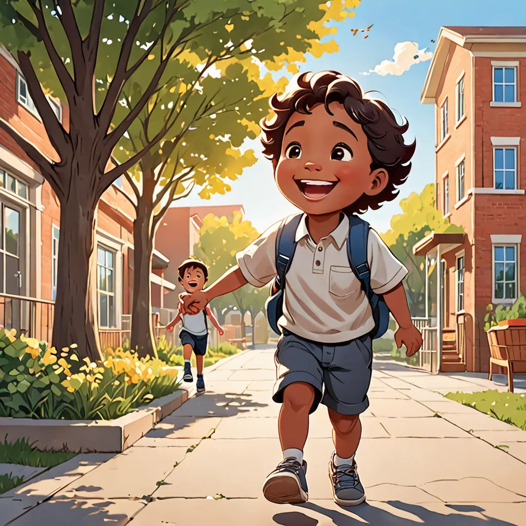 a boy and a girl are walking down a sidewalk in a neighborhood with trees and buildings in the background, vancouver school, a storybook illustration, Chris LaBrooy, official art
