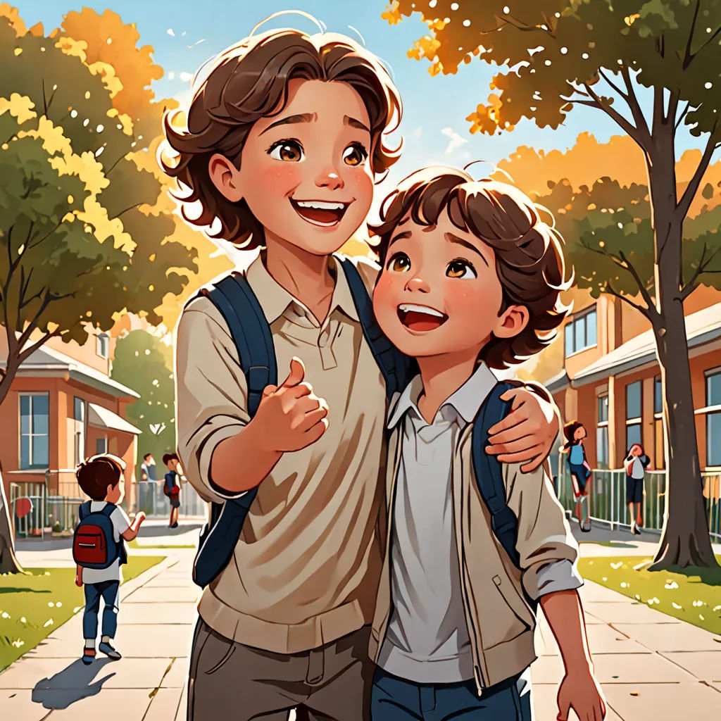 a boy and a boy are hugging on a sidewalk in a neighborhood with trees and buildings in the background, vancouver school, a storybook illustration, Brothers Hildebrandt, comic cover art