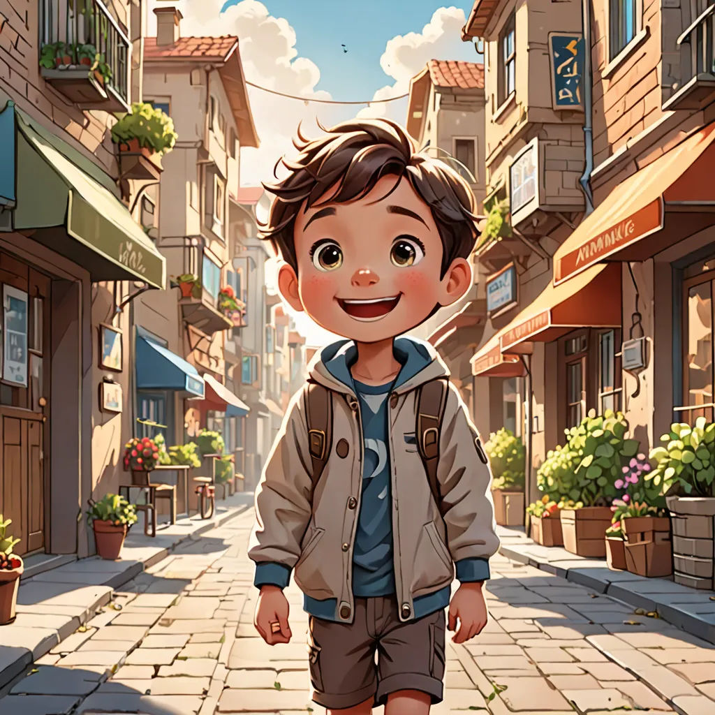 a boy walking down a street in a cartoon style with a smile on his face and a backpack on his back, photorealism, a storybook illustration, Diego Gisbert Llorens, rossdraws global illumination
