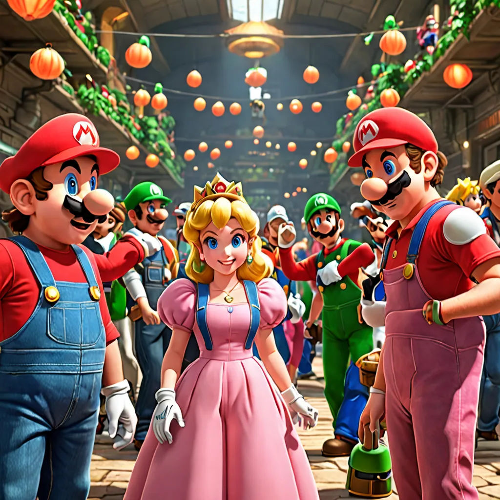 a group of people dressed in mario and luigi's costumes in a video game scene with mario and luigi, sots art, concept art, Bourgeois, official art