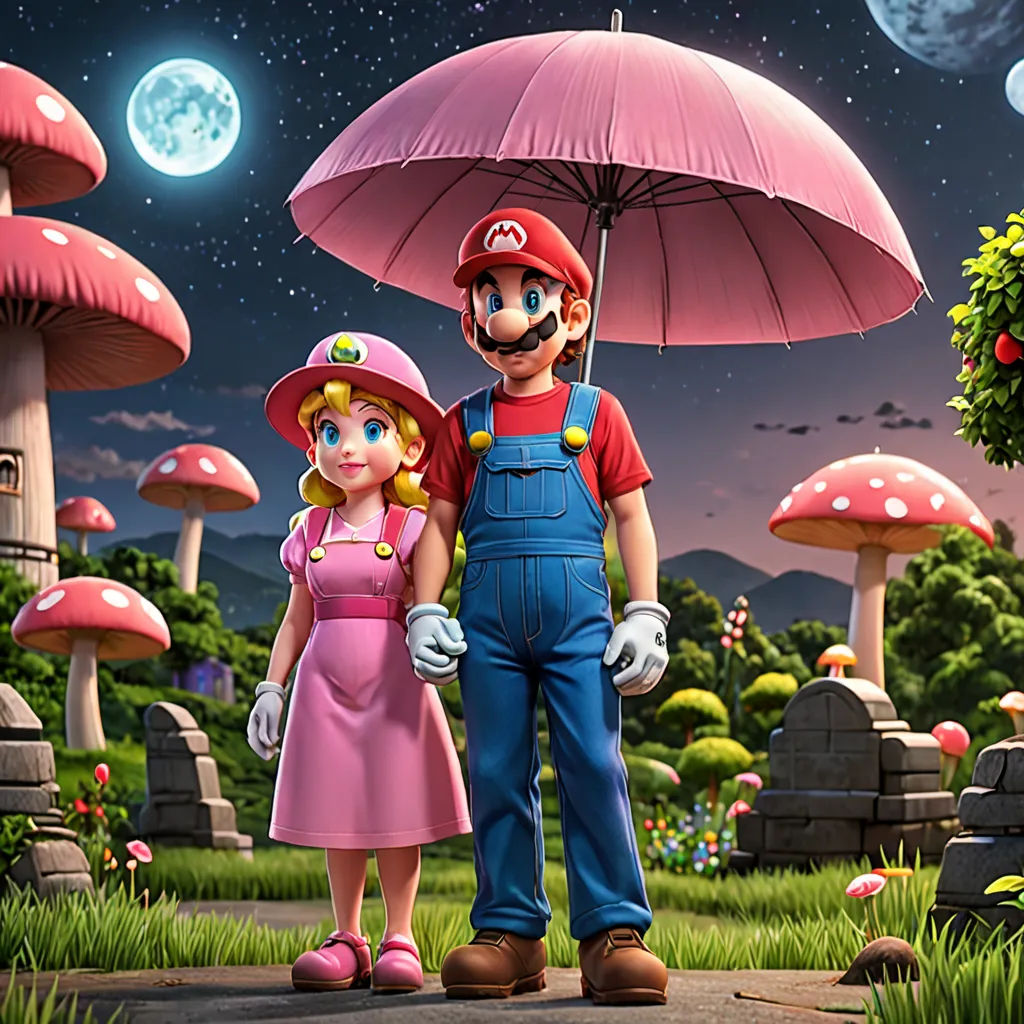 a man and a woman standing under an umbrella in a cartoon scene with mushrooms and mushrooms in the background, sots art, concept art, Chris LaBrooy, official art
