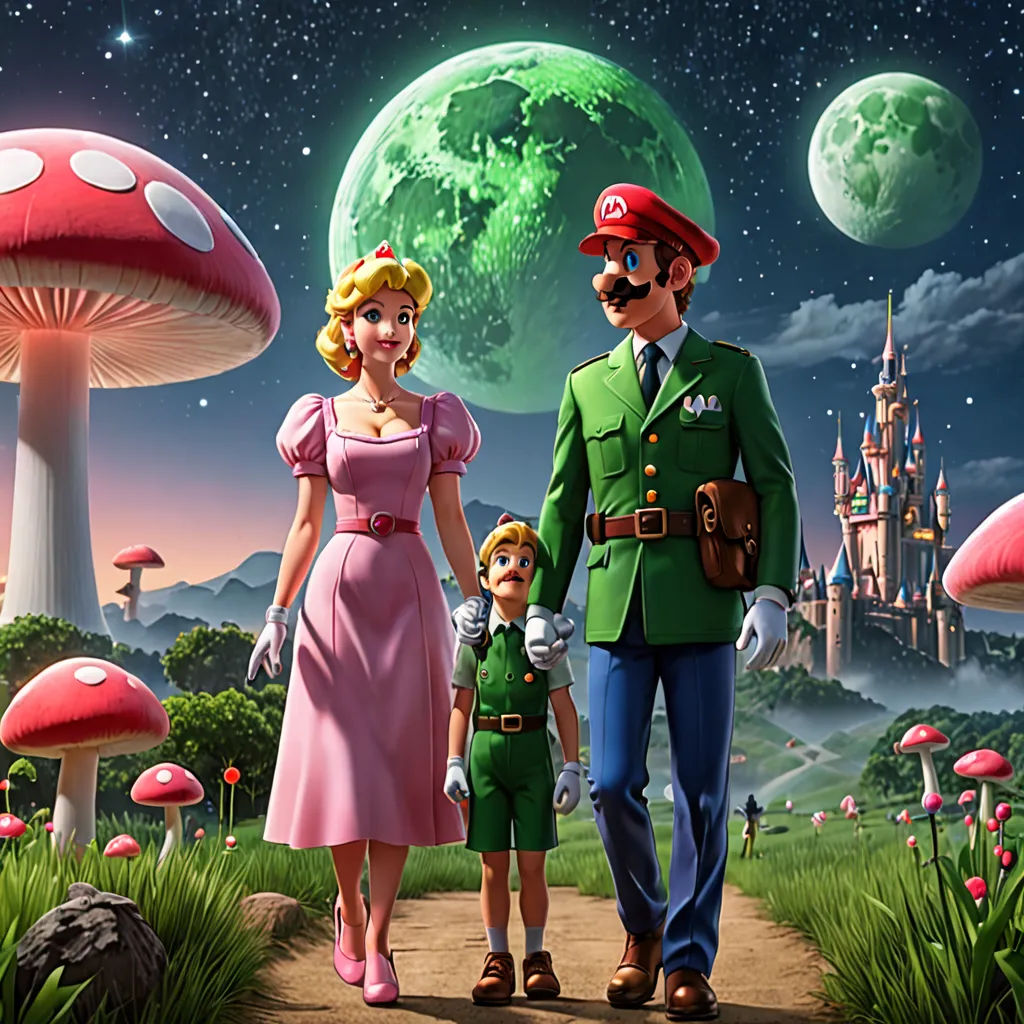 a man and woman in a green uniform are walking with a child in a pink dress and a mushroom - covered field, sots art, concept art, Chris LaBrooy, official art