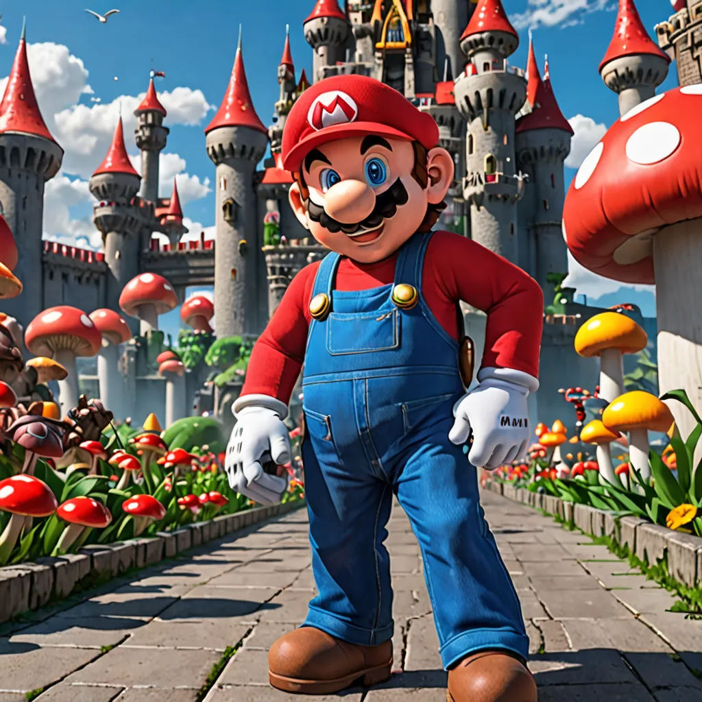 a mario mouse standing in front of a castle with a mushroom garden in front of it and a mushroom statue in the background, sots art, concept art, Chris LaBrooy, unreal engine 5 quality render