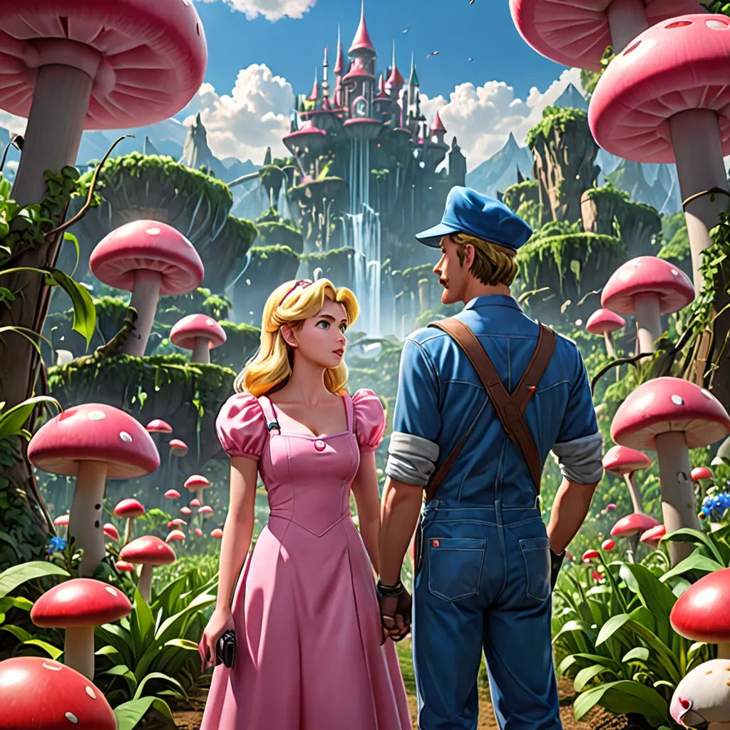 a man and a woman standing in front of a mushroom forest with a castle in the background and a man in a blue shirt and tie, fantasy art, a storybook illustration, Chris LaBrooy, rossdraws global illumination