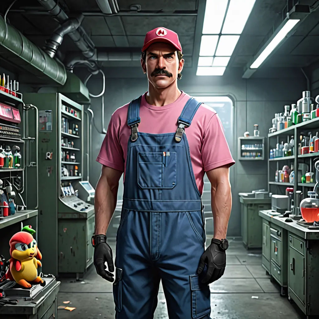 a man in overalls and a pink shirt stands in a room with shelves of bottles and a mario bros figure, classical realism, a character portrait, Eddie Mendoza, ultra realistic digital art