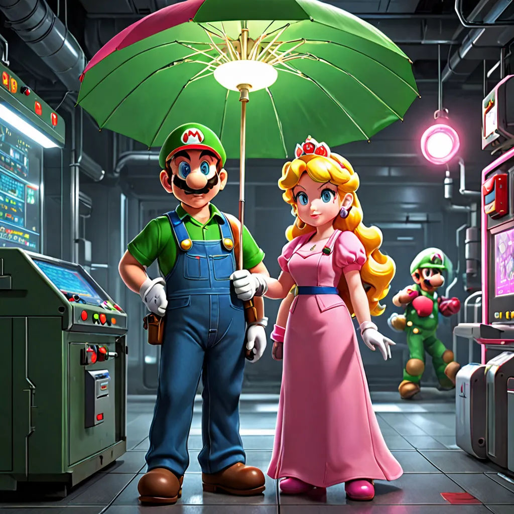 a nintendo game character and a nintendo wii character standing under an umbrella in a room with other characters in the background, sots art, concept art, Chris LaBrooy, official art