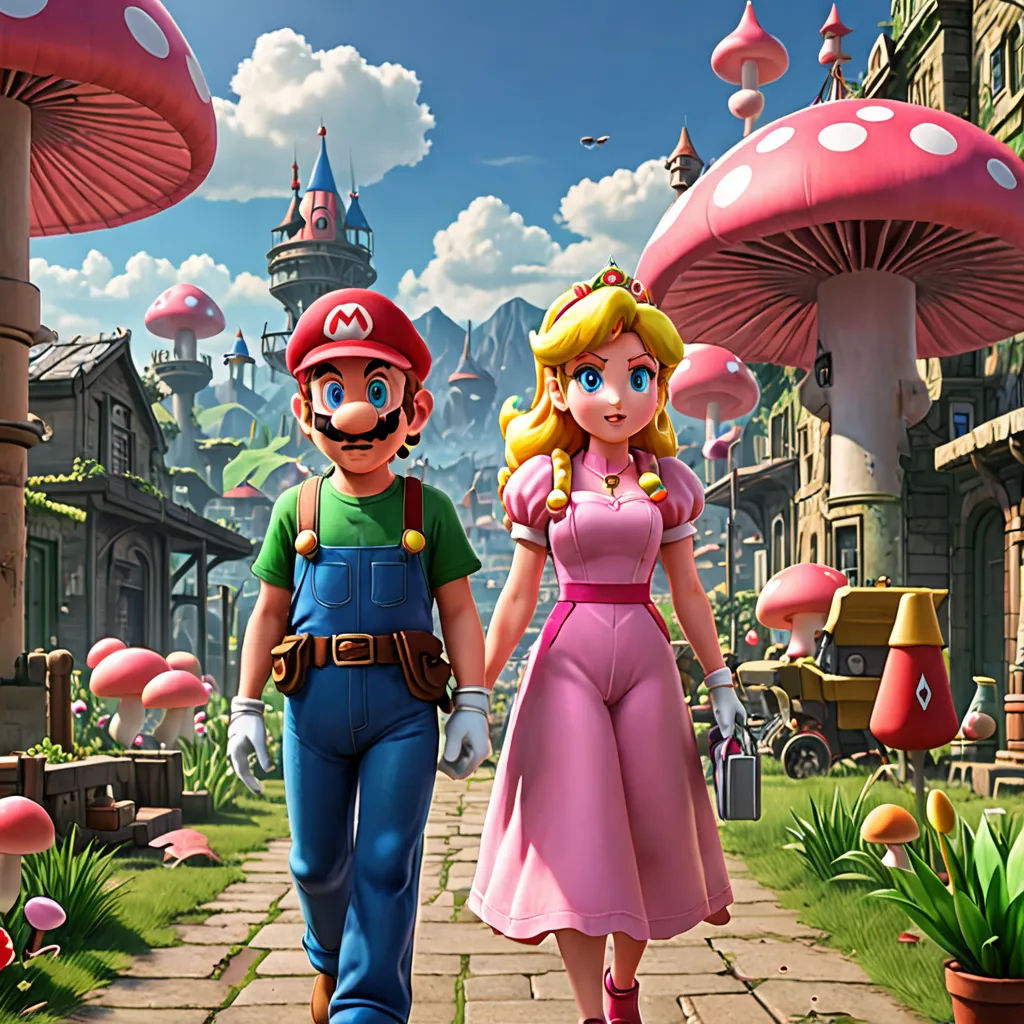 a man and a woman walking down a path in a cartoon style town with mushroom houses and mushrooms on the ground, sots art, concept art, Chris LaBrooy, official art