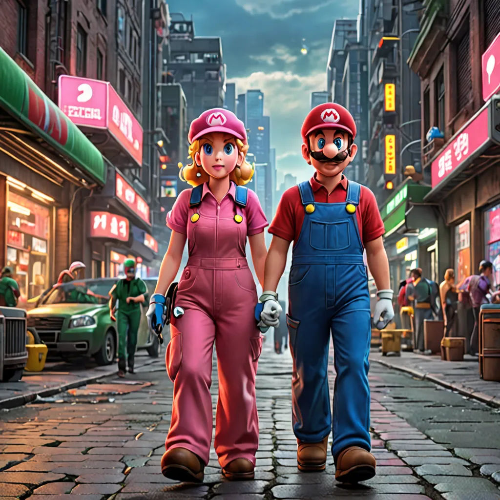 a couple of people walking down a street next to each other on a city street with buildings and signs, sots art, concept art, Chris LaBrooy, official art