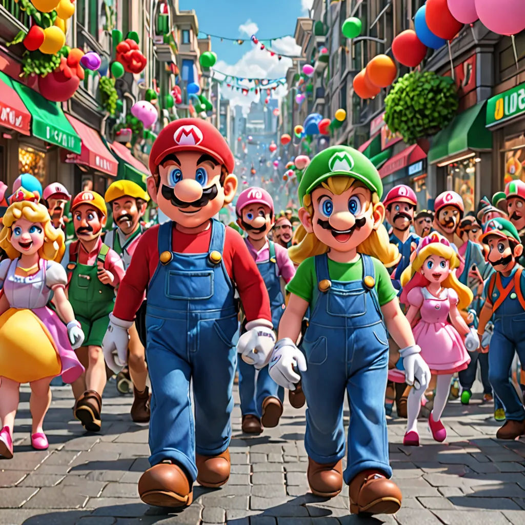 a group of people walking down a street next to each other in mario and luigi's world of nintendo, sots art, concept art, Chris LaBrooy, official art