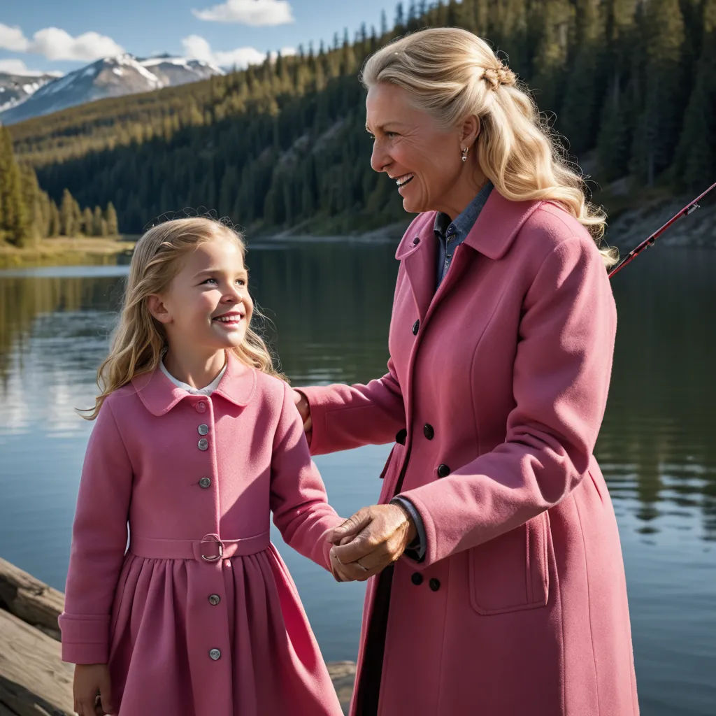 a woman and a little girl standing next to a lake holding hands and smiling at each other with a mountain in the background, kitsch movement, a stock photo, Christian Hilfgott Brand, promotional image