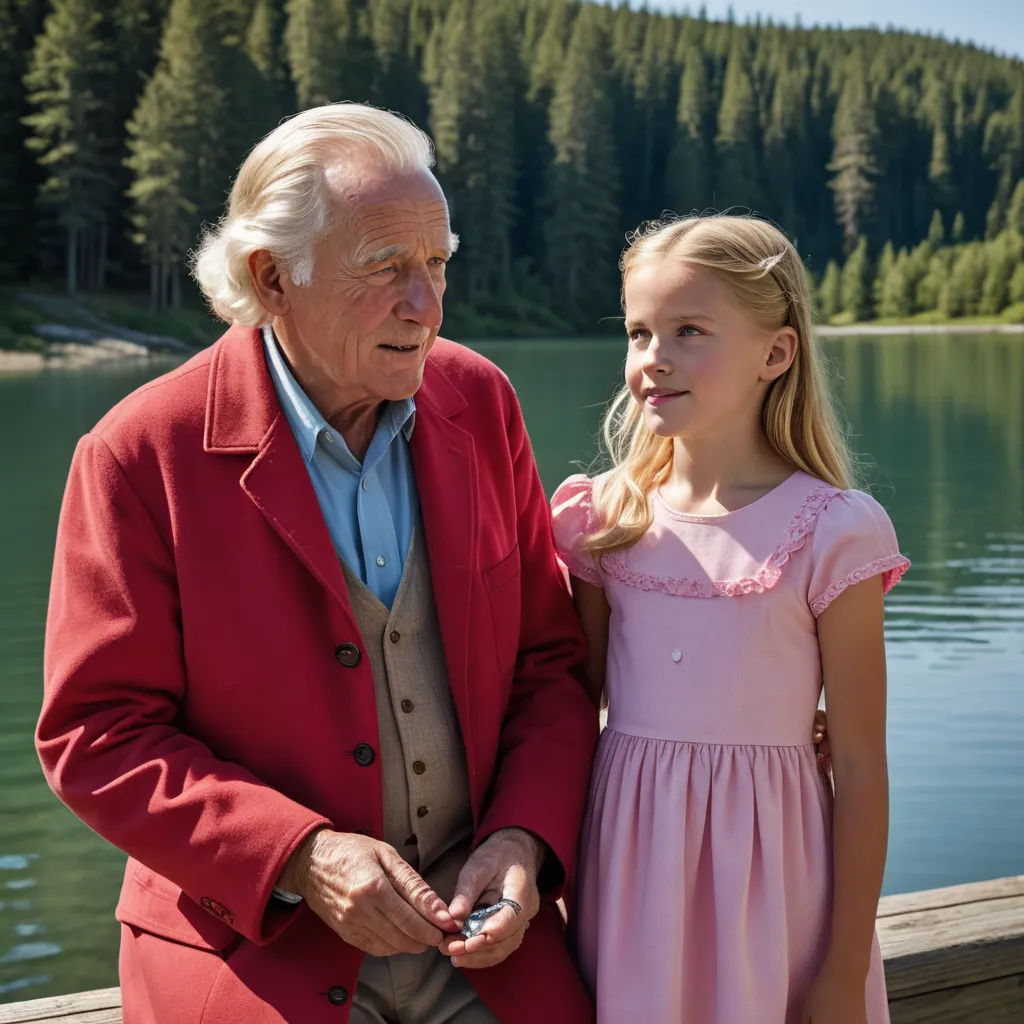 an older man and a young girl standing next to a lake with trees in the background and a mountain in the distance, magical realism, a character portrait, David Brewster, promotional image