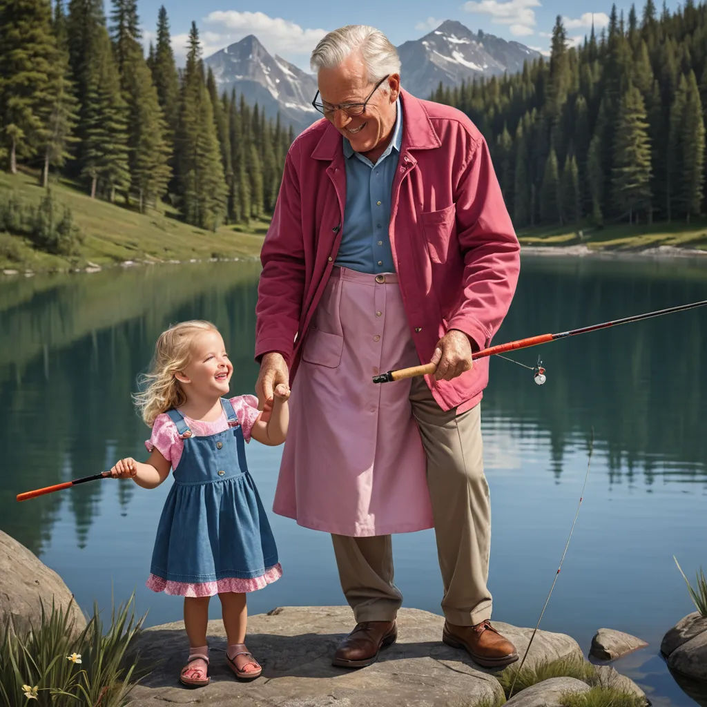 a man and a little girl are fishing on a rock near a lake with mountains in the background and a mountain range in the distance, american impressionism, a stock photo, Doug Ohlson, portrait photography