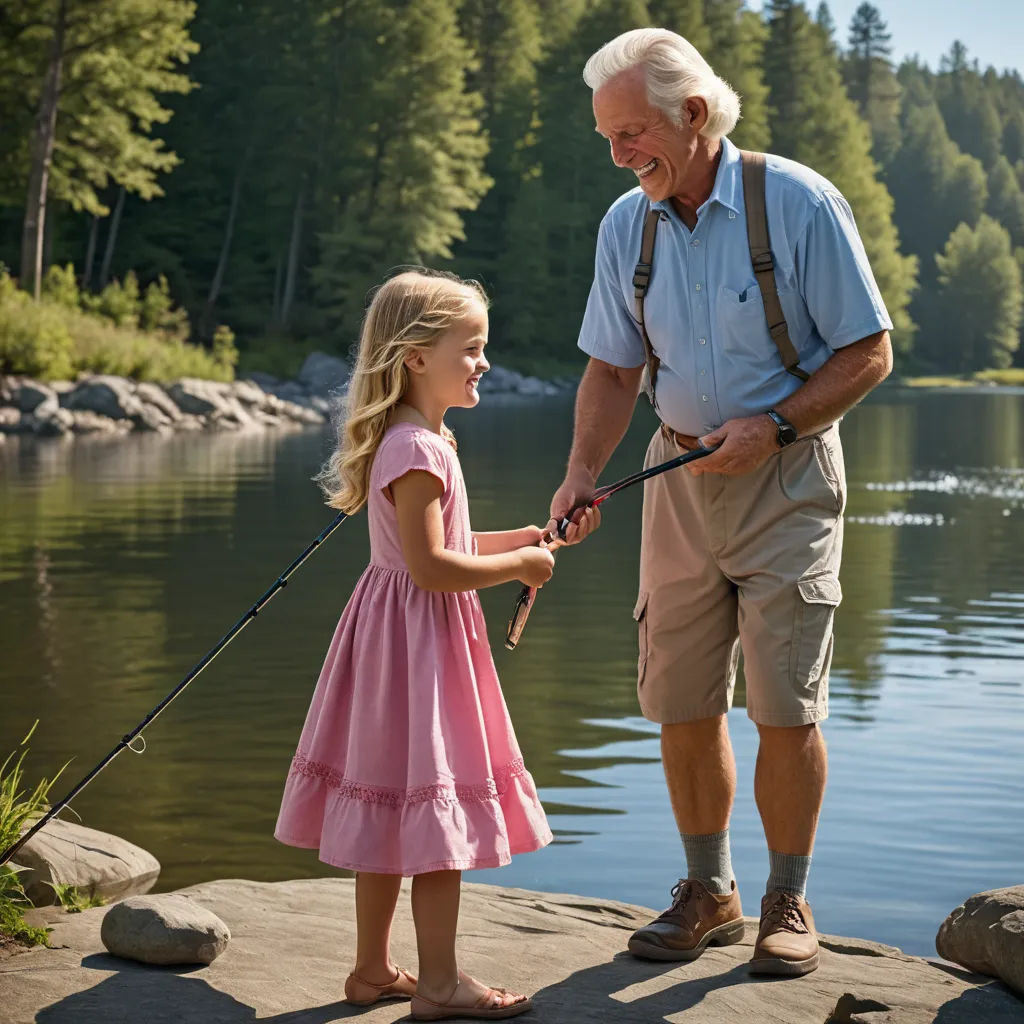 a little girl is holding a fishing rod and a man is holding a fish rod and a girl is holding a fishing rod, photorealism, a stock photo, Doug Ohlson, promotional image