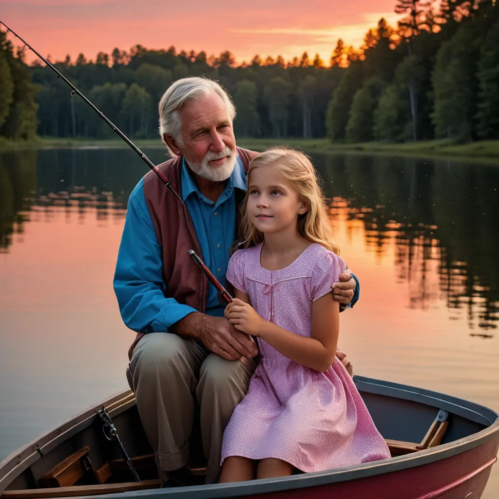 a man and a little girl in a boat fishing at sunset with a rod on the boat and trees in the background, art photography, a stock photo, Dennis Ashbaugh, portrait photography