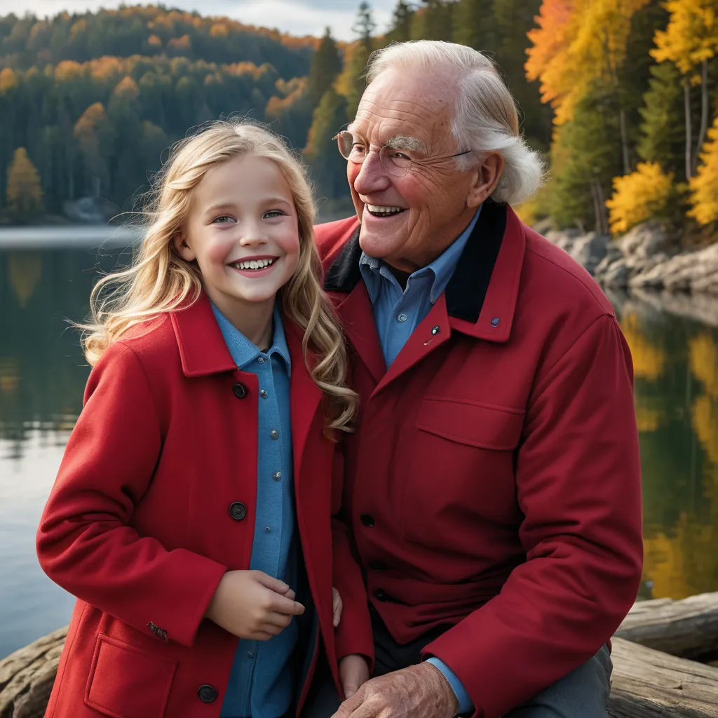 an older man and a young girl sitting on a rock near a lake with trees in the background and a mountain in the distance, naive art, a stock photo, Christian Hilfgott Brand, promotional image