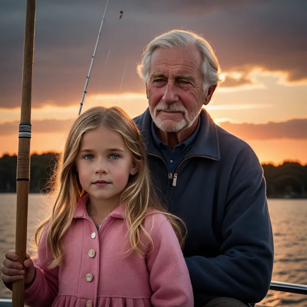 a man and a little girl on a boat with a fishing pole in their hands and a sunset in the background, art photography, a stock photo, Dennis Ashbaugh, cinematic photography