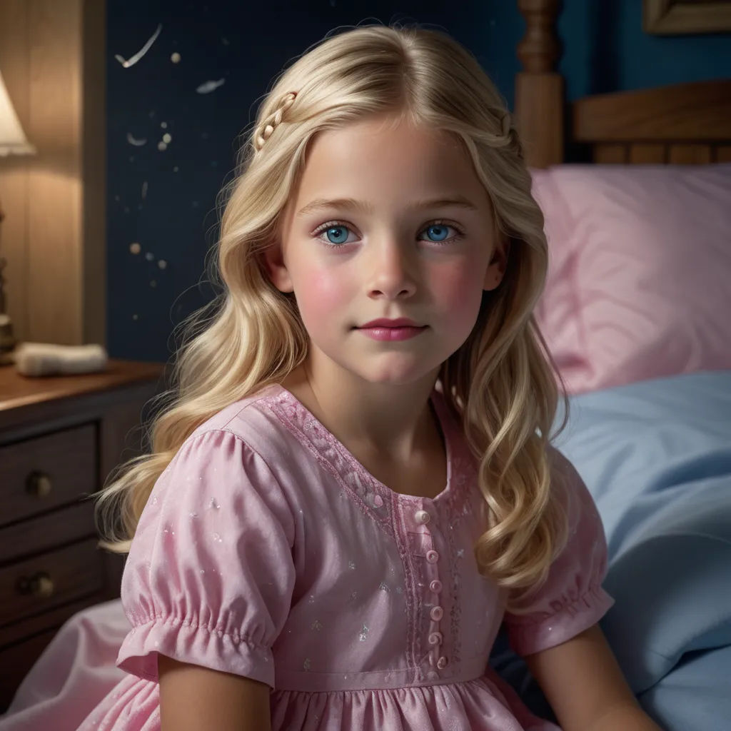 a little girl sitting on a bed in a pink dress with a star on the wall behind her and a night sky above her, photorealism, a photorealistic painting, Celia Fiennes, photoreal