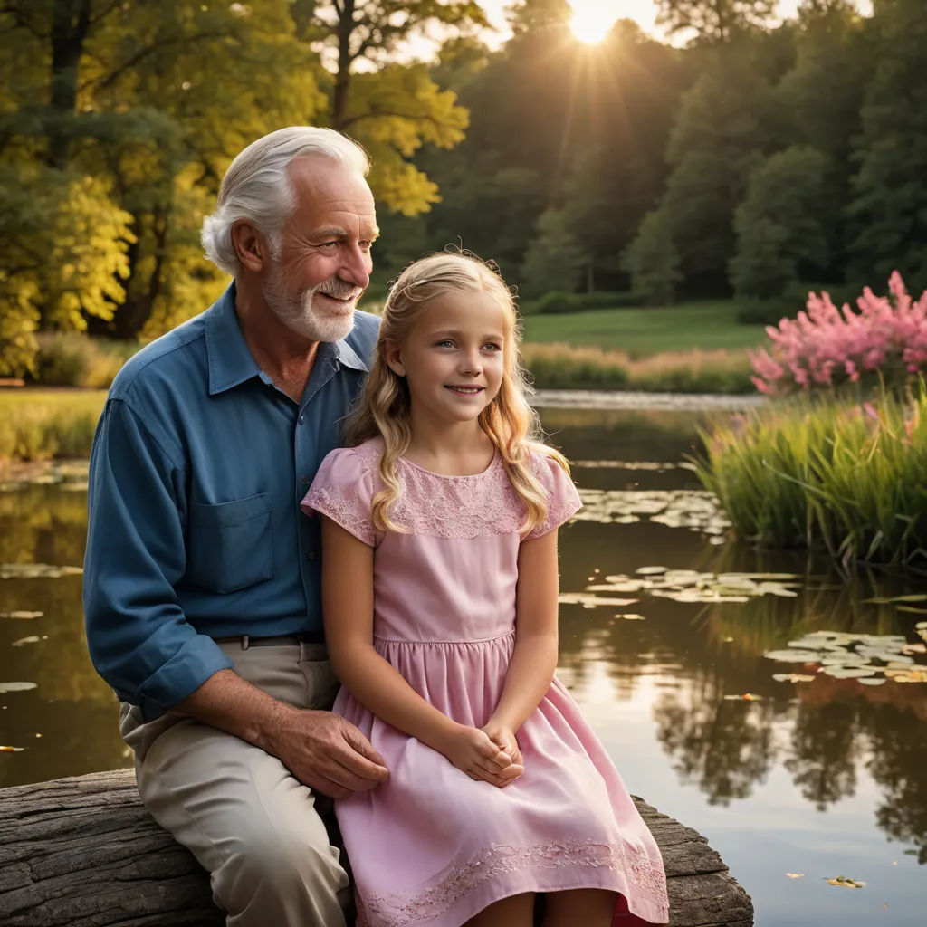 a man and a little girl sitting on a log in front of a pond with lily pads and a pink dress, art photography, a stock photo, Dennis Ashbaugh, portrait photography