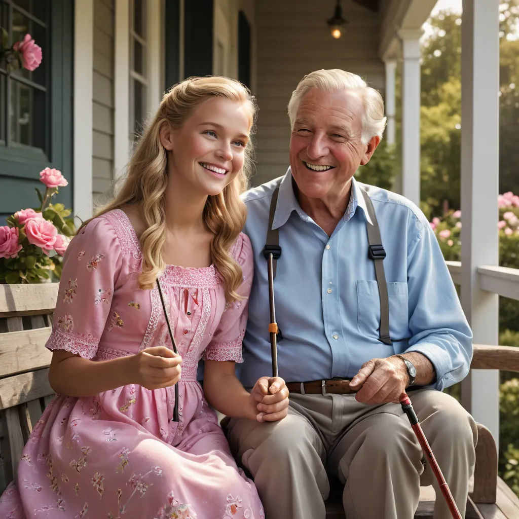 a man and a woman sitting on a porch swing together smiling at the camera, with a cane in hand, american impressionism, a stock photo, Bob Byerley, promotional image