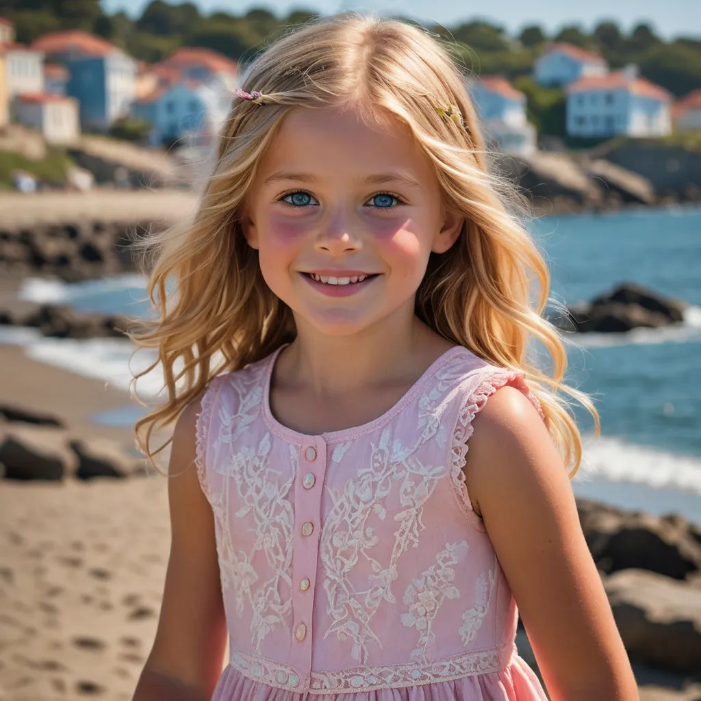 a little girl standing on a beach next to the ocean with a smile on her face and a pink dress, paris school, a photorealistic painting, Amalia Lindegren, portrait photography