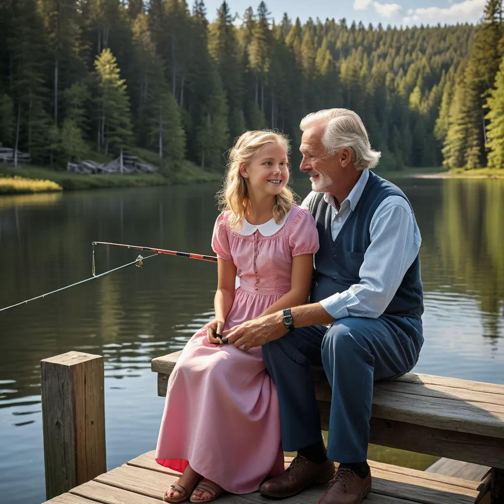 a man and a little girl sitting on a dock fishing together, with a lake in the background and pine trees in the background, kitsch movement, a stock photo, Constance Copeman, promotional image