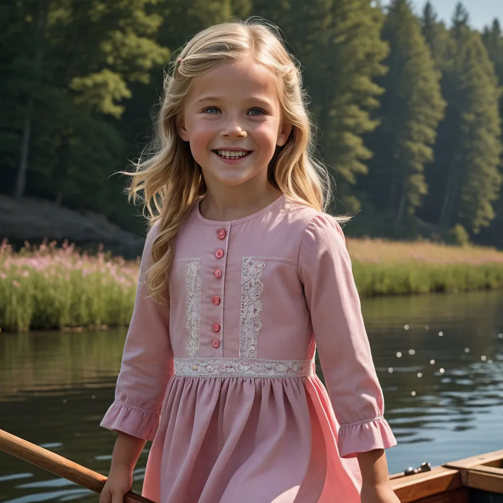 a little girl in a pink dress standing on a boat in a lake with trees in the background and a pink dress with white lace on the front, arts and crafts movement, a cross stitch, Christian Hilfgott Brand, art nouveau fashion embroidered