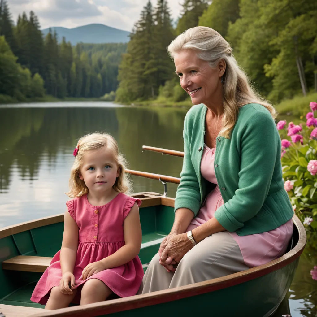 a woman and a little girl in a boat on a lake with flowers in the background and a mountain range in the distance, kitsch movement, a stock photo, Constance Copeman, cinematic photography