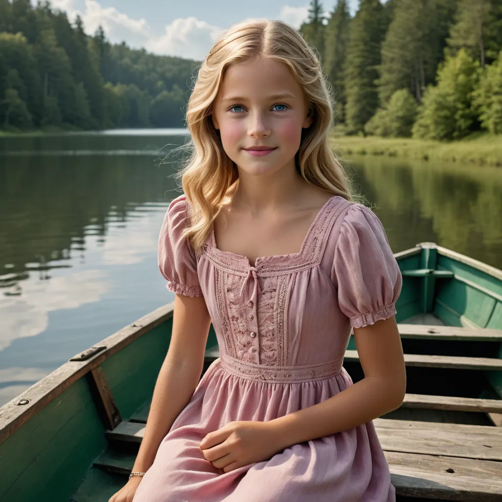 a young girl sitting on a boat in a lake with a forest in the background and a lake in the foreground, german romanticism, a photorealistic painting, Christian Hilfgott Brand, promotional image