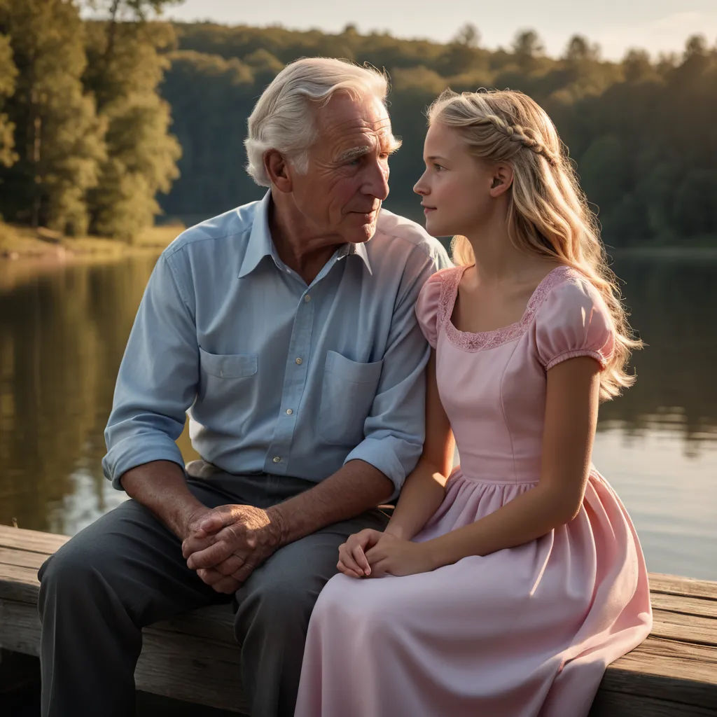 a little girl sitting next to an older man on a dock near a lake with trees in the background, kitsch movement, a stock photo, Elinor Proby Adams, movie still