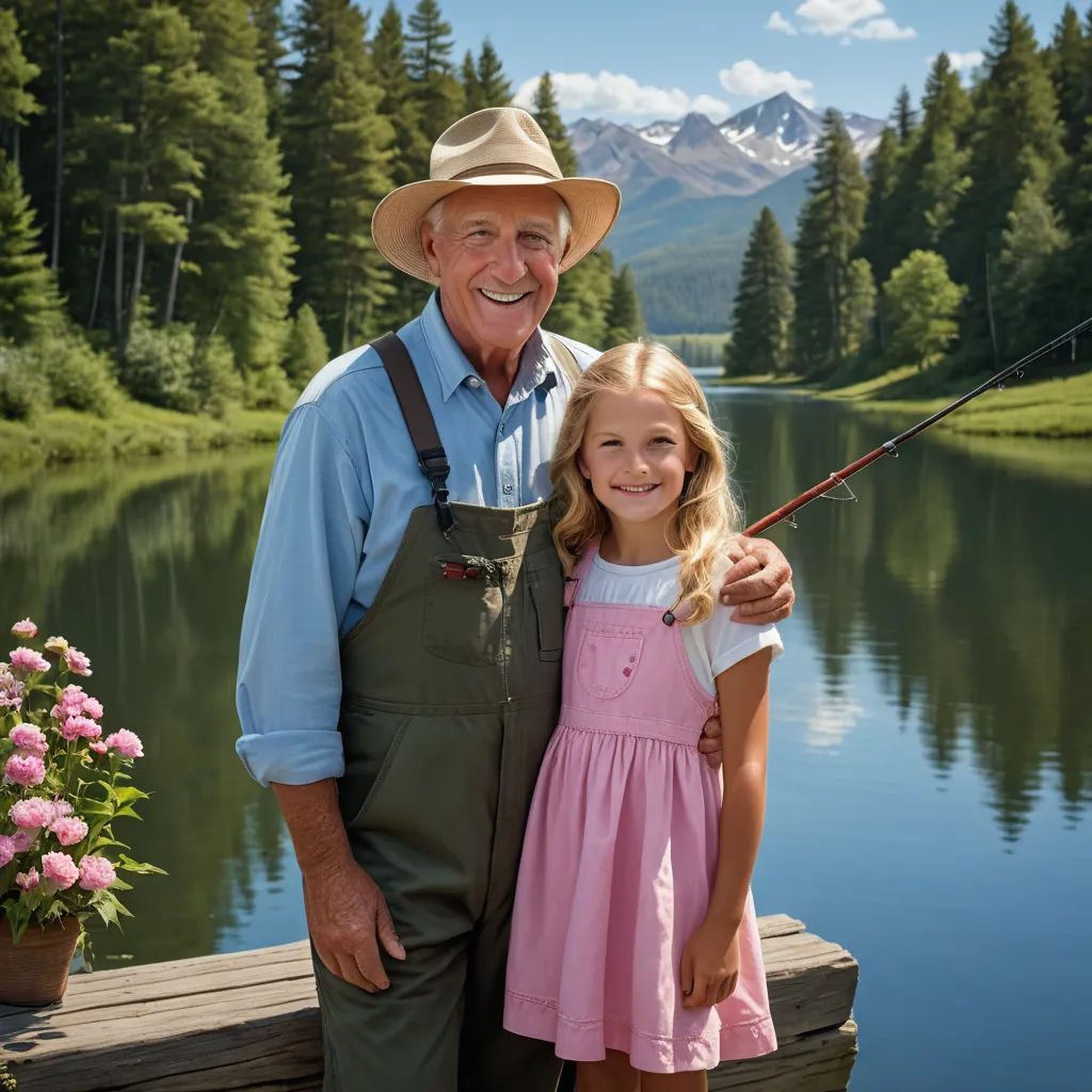 a man and a little girl are standing on a dock with a fishing rod in their hands and a mountain in the background, precisionism, a stock photo, Doug Ohlson, promotional image