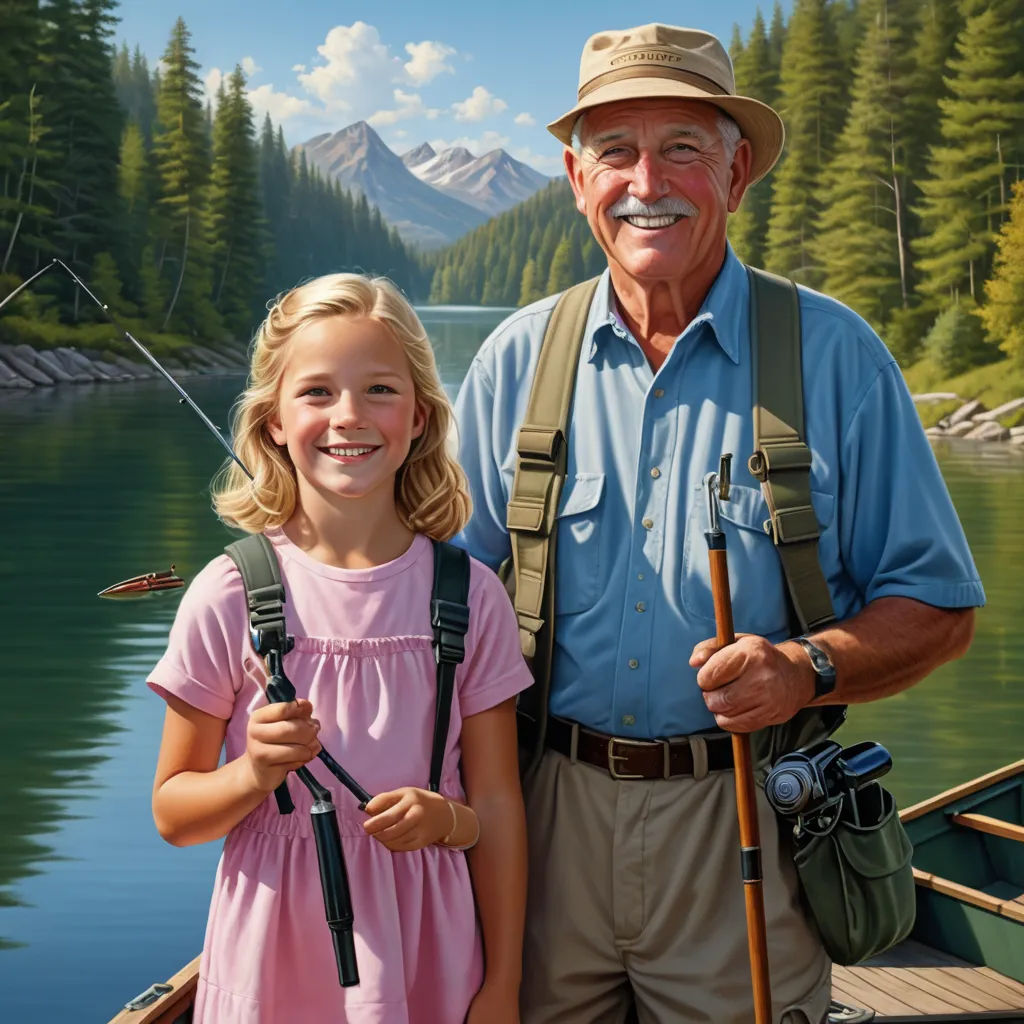 a man and a little girl standing in a boat on a lake with a fishing rod in hand and a fish in the water, american scene painting, a photorealistic painting, Bob Byerley, extremely detailed oil painting