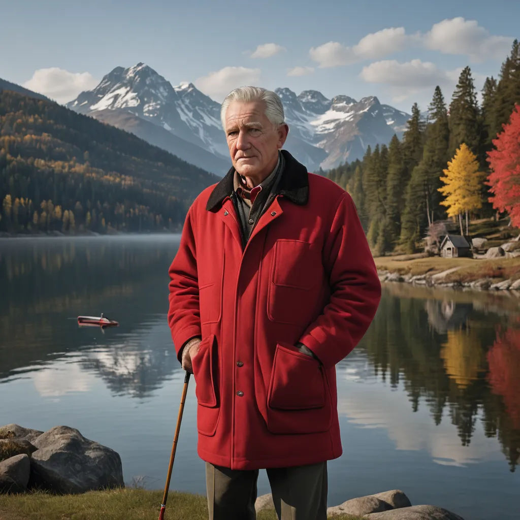 a man in a red coat standing next to a lake with mountains in the background and a red umbrella, precisionism, a character portrait, Eric de Kolb, cinematic photography