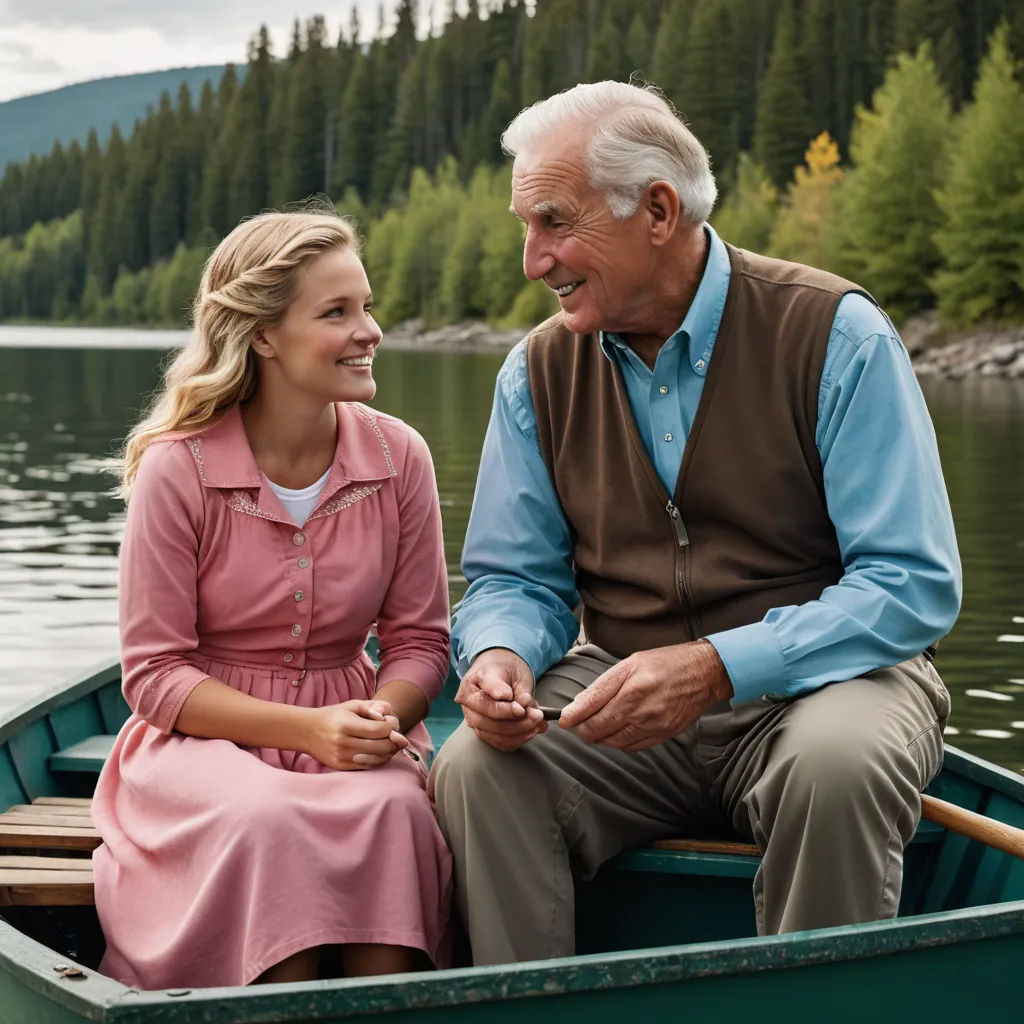 a man and a woman sitting in a boat on a lake smiling at each other while they are sitting in the boat, kitsch movement, a stock photo, Erlund Hudson, promotional image