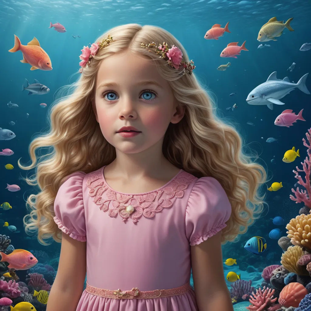 a painting of a little girl in a pink dress surrounded by fish and corals with a blue sky background, pop surrealism, a photorealistic painting, Brad Kunkle, highly detailed digital painting