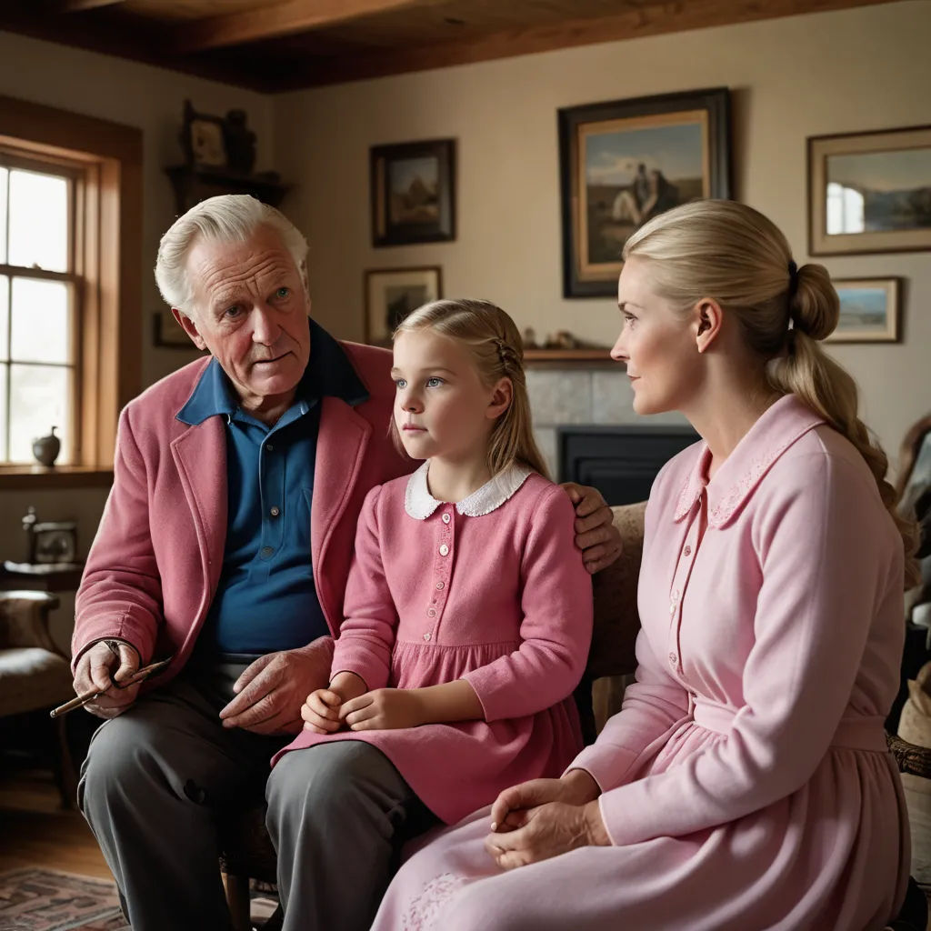 a man and two girls sitting on a couch with an older man in a pink suit and blue shirt, american realism, a storybook illustration, David Brewster, promotional image