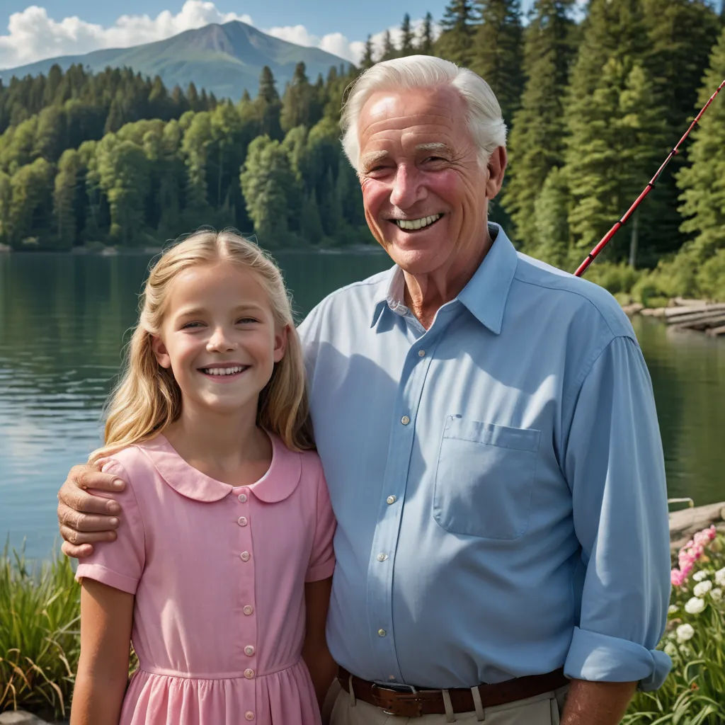 a man and a little girl standing next to each other in front of a lake with a mountain in the background, precisionism, a character portrait, Constance Copeman, promotional image