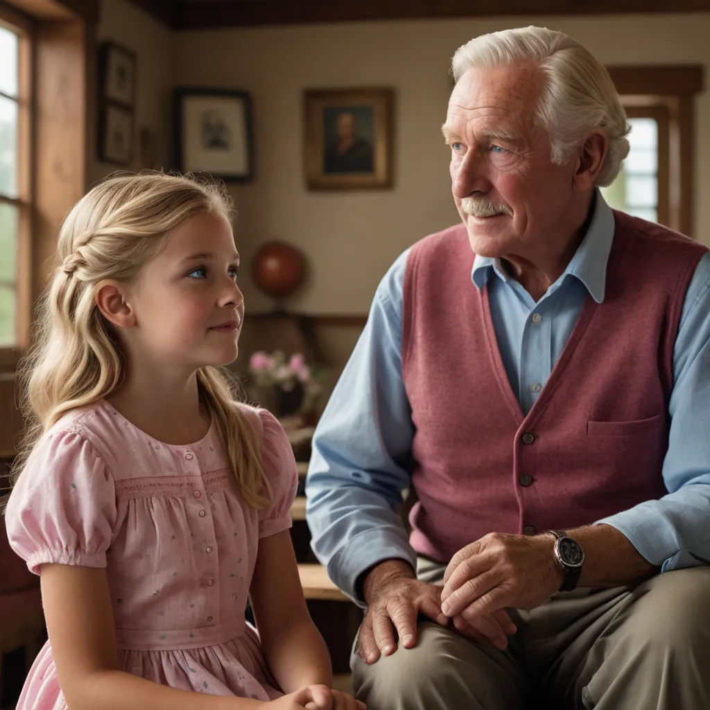 a little girl sitting next to an older man in a living room with a window behind her and a clock on the wall, magical realism, a storybook illustration, Cliff Childs, movie still