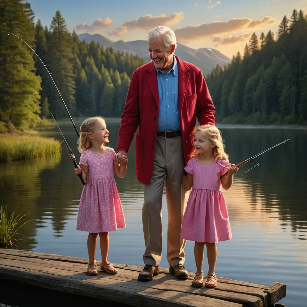 a man and two little girls are fishing on a dock near a lake with mountains in the background and a man in a red jacket and a blue shirt, kitsch movement, a storybook illustration, Doug Ohlson, portrait photography