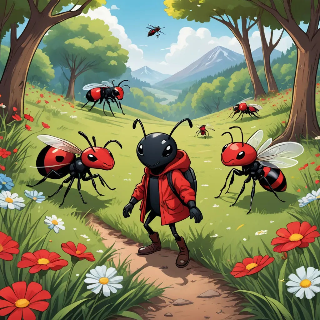a group of ants walking across a lush green field next to a forest filled with red flowers and trees, environmental art, a storybook illustration, Chris LaBrooy, promotional image