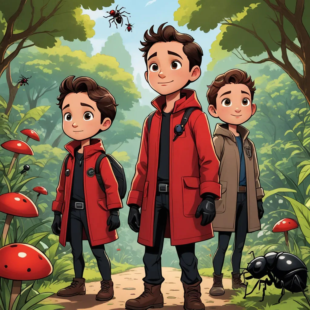 a couple of people standing next to each other in a forest with a bug on the ground and a spider crawling on the ground, les automatistes, concept art, Cedric Seaut (Keos Masons), promotional image