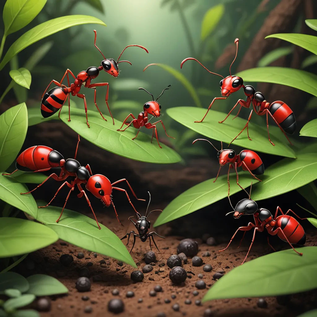 a group of red ants standing on top of a green leaf covered ground next to a forest filled with leaves, naturalism, a 3D render, Chris LaBrooy, highly detailed digital painting