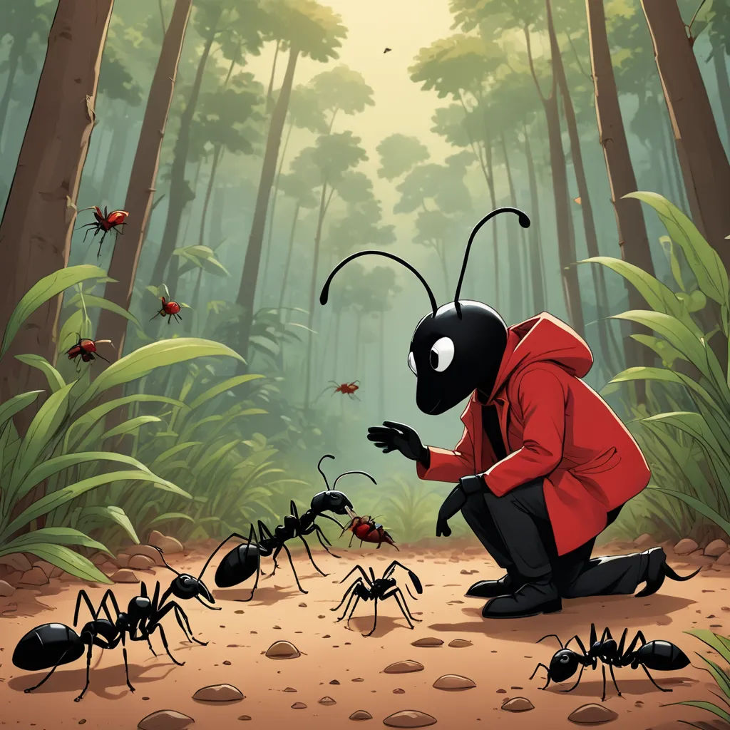 a man kneeling down in the middle of a forest with ants crawling on him and a group of ants crawling on him, serial art, a storybook illustration, Asaf Hanuka, promotional image