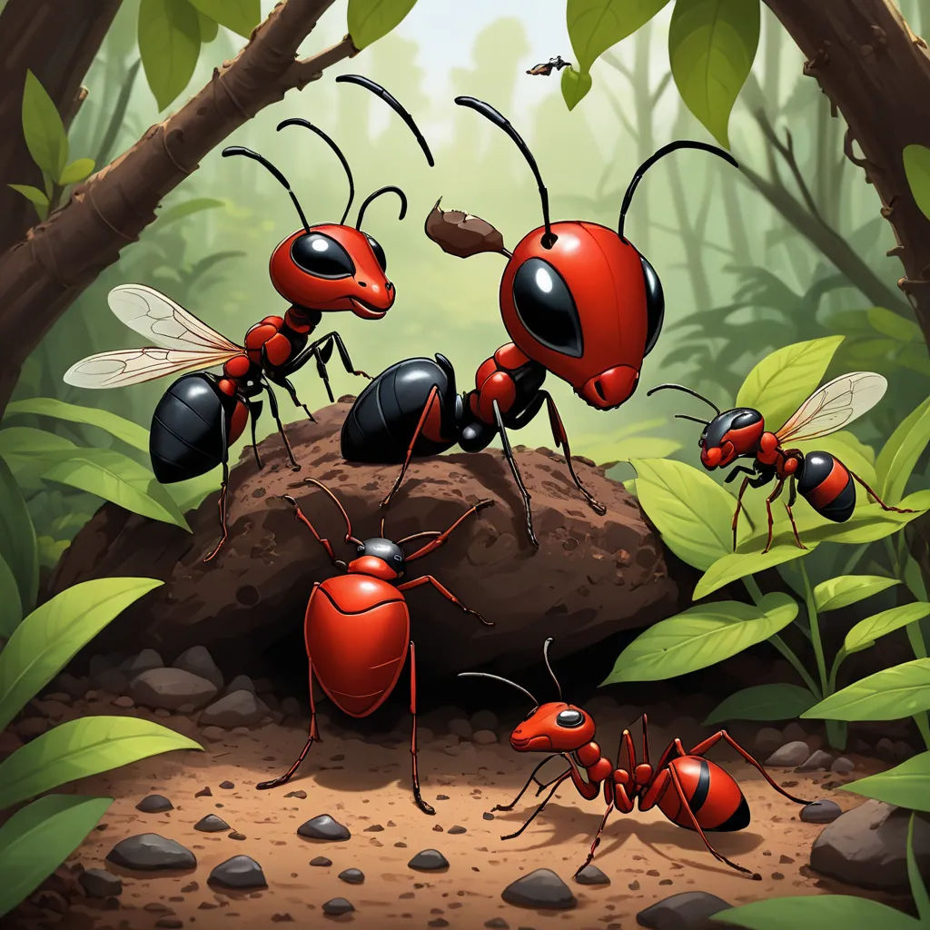 a group of ants in the forest with leaves and rocks on the ground and a bug crawling on the ground, antipodeans, a storybook illustration, Bourgeois, red