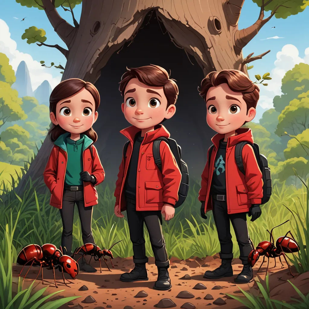 three boys standing in front of a tree with a group of bugs in front of them, with a bug crawling on the ground, sots art, a storybook illustration, Diego Gisbert Llorens, promotional image