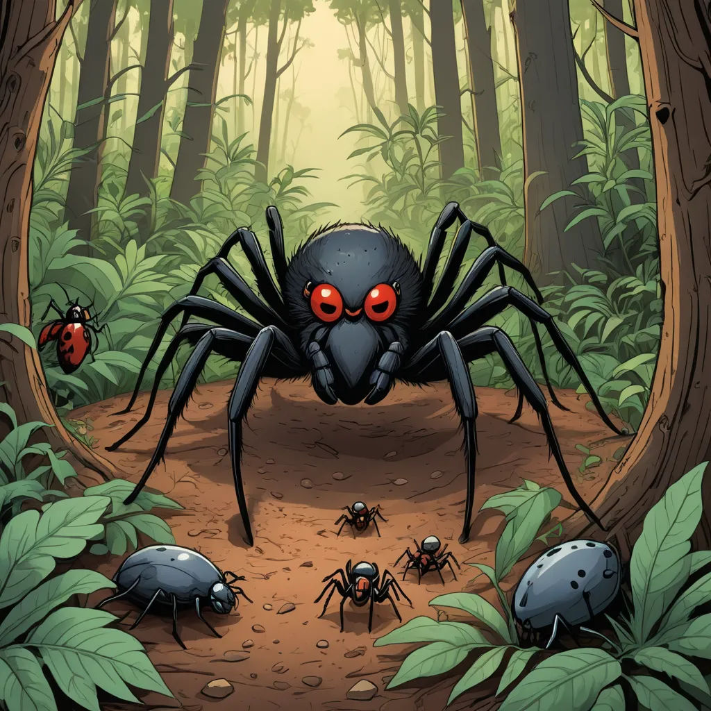 a spider with red eyes is in the middle of a forest with other bugs and bugs around it,, sumatraism, an illustration of, Dan Mumford, comic cover art