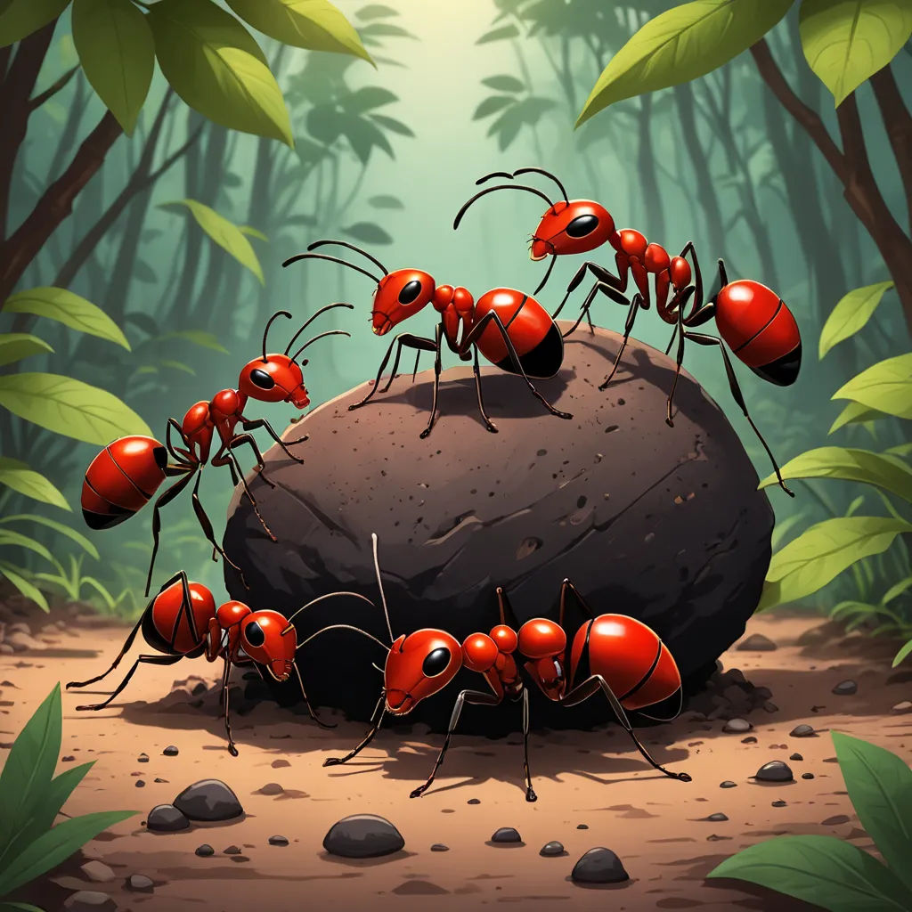a group of ants standing on top of a rock in a forest with leaves and rocks around them,, antipodeans, a detailed painting, Andries Stock, 2 d game art