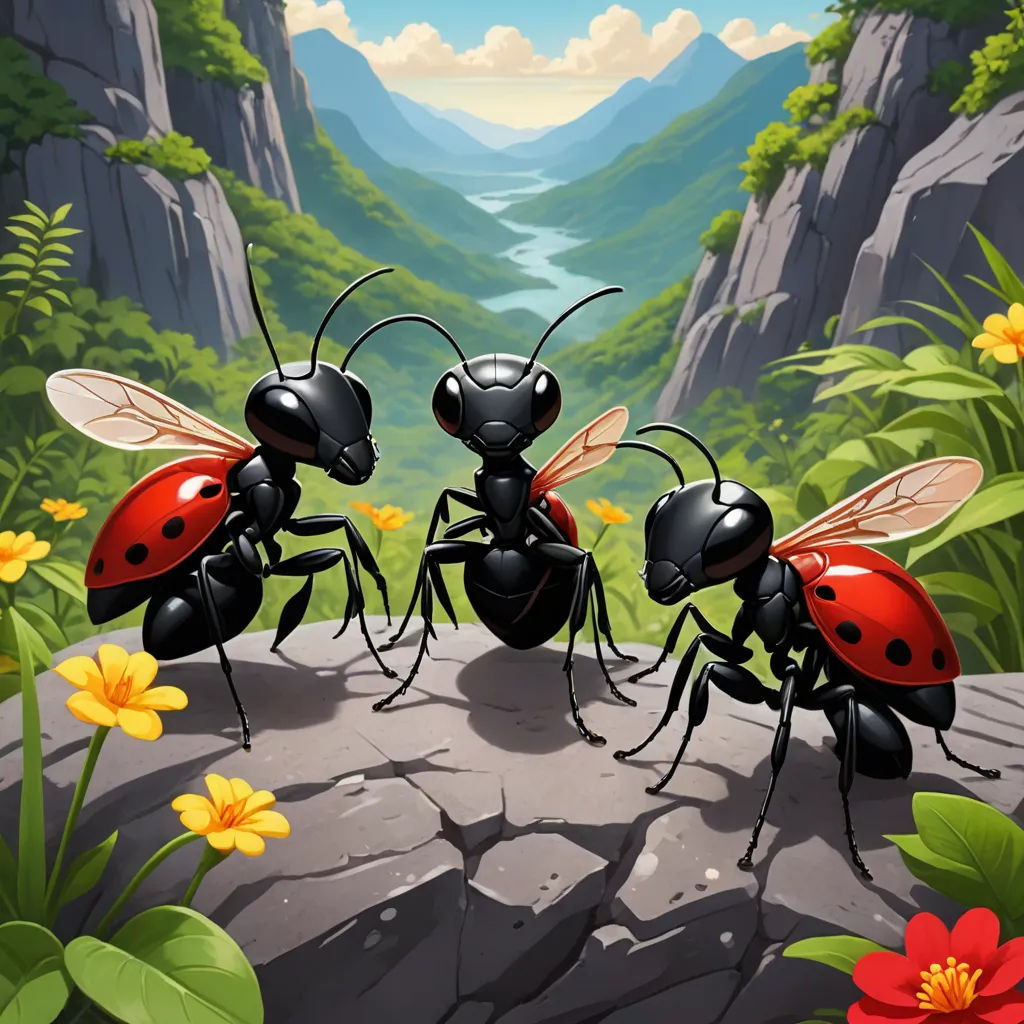 three ants are standing on a rock in the forest with flowers and a valley in the background illustration for children, magic realism, a storybook illustration, Chris LaBrooy, promotional image